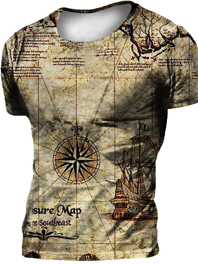  Men's Unisex T shirt Tee Map Graphic Prints Crew Neck Khaki Short Sleeve 3D Print Outdoor Street Print Tops Sports Designer Casual Big and Tall / Summer / Summer