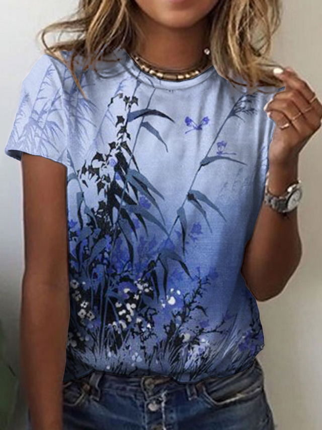  Damen T Shirt Design 3D-Druck Blumen Graphic Design Kurzarm Rundhalsausschnitt Alltag Festtage Bedruckt Kleidung Design Basic Grün Blau Rosa