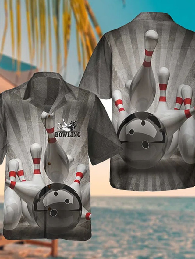  Men's Shirt 3D Print Bowling Ball Turndown Street Casual 3D Button-Down Short Sleeve Tops Casual Fashion Breathable Comfortable Gray