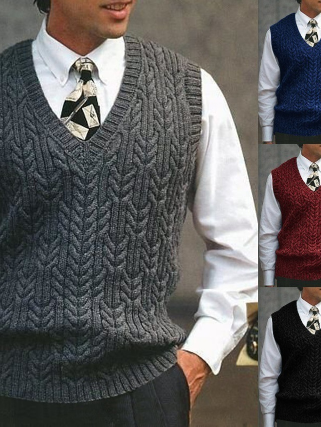  Men's Sweater Vest Pullover Knit Knitted Solid Color V Neck Stylish Vintage Style Formal Outdoor Clothing Apparel Winter Fall Black Wine S M L