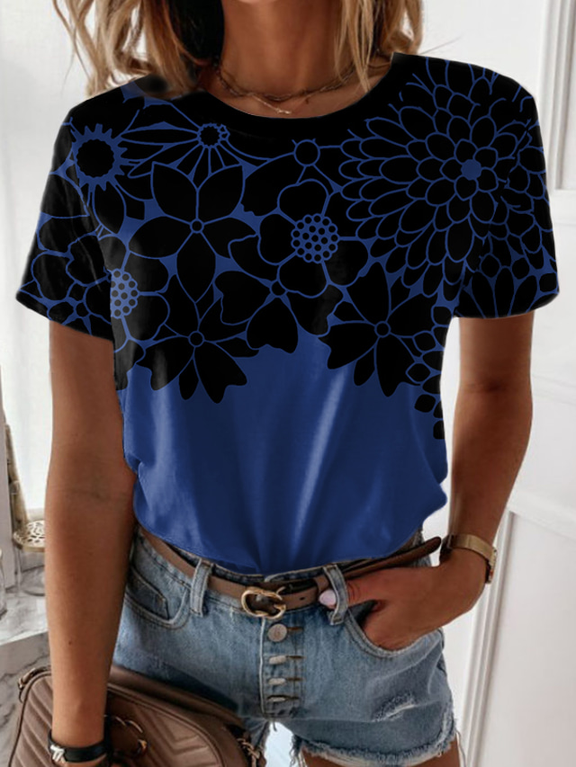  Women's T shirt Tee Designer 3D Print Floral Graphic Design Long Sleeve Round Neck Daily Holiday Print Clothing Clothes Designer Basic Green Blue Purple