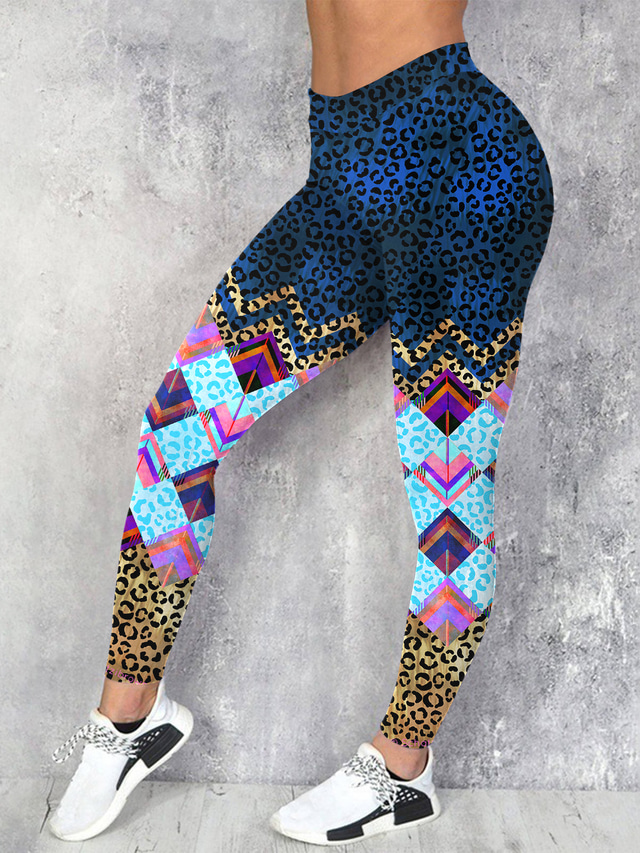  Pentru femei Hip-Hop Îmbrăcăminte Atletică Colanti Jambiere Imprimeu Lungime până la glezne Pantaloni Sporturi de Agrement Ieșire Strech Geometric Leopard Confort Talie medie Albastru piscină S M L