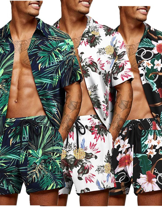  Bărbați Cămașă hawaiană Tricou A stabilit Grafic Aloha Răsfrânt Argintiu Roșu / alb Verde / Negru Marea albastră Verde de măsline Tipărire 3D Casual Zilnic Manșon scurt #D Îmbrăcăminte Designer