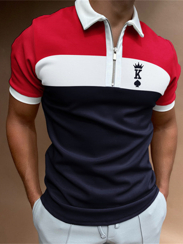  Men's Collar Polo Shirt Zip Polo Golf Shirt Zip Sports Fashion Casual Short Sleeve Black / Red Color Block 3D Print Turndown Zip Casual Daily Zipper Clothing Clothes Sports Fashion Casual