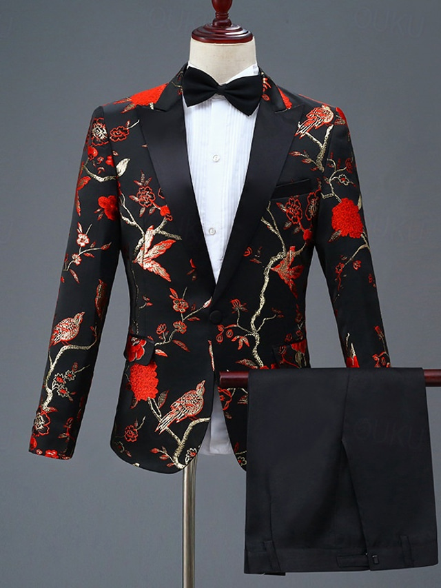 Gold Men's Tailored Fit Single Breasted One-button 3 Pieces Printed Prom Party Suits