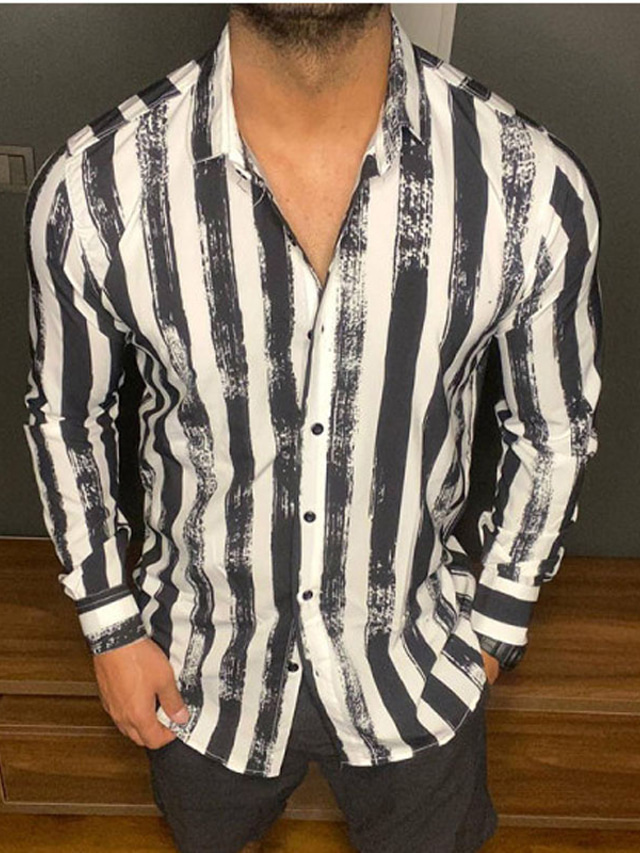  Men's Shirt Striped Turndown Street Casual Button-Down Long Sleeve Tops Fashion Classic Comfortable Big and Tall Black / White / Summer / Spring / Summer