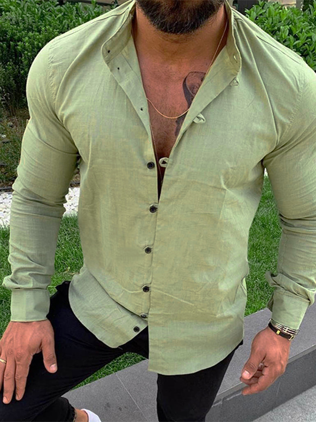  Men's Shirt Solid Color Collar Street Casual Button-Down Long Sleeve Tops Cotton Casual Fashion Comfortable Green White Black / Spring / Summer