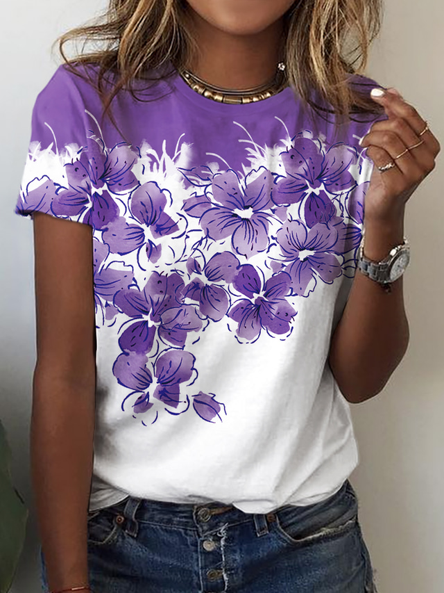  Damen T Shirt Design 3D-Druck Blumen Graphic Design Kurzarm Rundhalsausschnitt Alltag Bedruckt Kleidung Design Basic Grün Blau Purpur