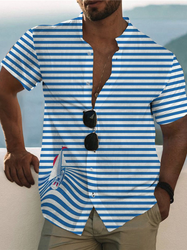  Hombre Camisa Print A Rayas Graphic Timón Escote Chino Calle Casual Abotonar Estampado Manga Corta Tops Design Casual Moda Transpirable Azul Piscina / Verano