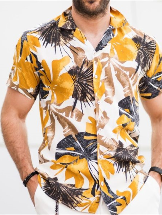  Муж. Рубашка Гавайская рубашка Летняя рубашка Алоха Отложной Черный / Белый Желтый Темно синий С принтом на открытом воздухе Для улицы С короткими рукавами Кнопка вниз Одежда