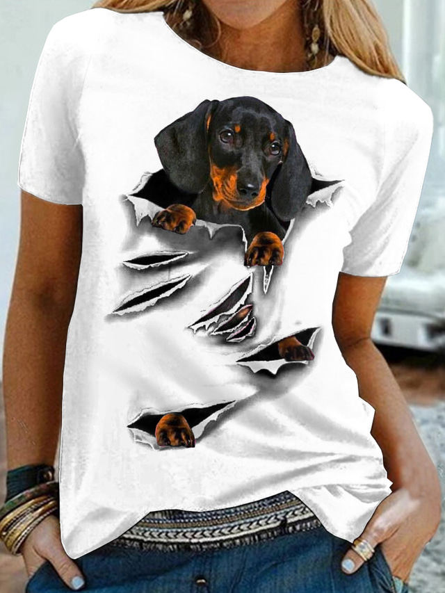  Damen T Shirt Design 3D-Druck Hund Graphic 3D Design Kurzarm Rundhalsausschnitt Alltag Bedruckt Kleidung Design Basic Weiß Blau Rosa