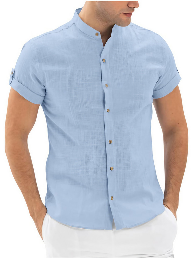  pánská košile s límečkem jednobarevná stojací límeček street ležérní zapínání na knoflíky topy s krátkým rukávem ležérní móda streetwear cool modrá bílá světle zelená letní košile s límečkem