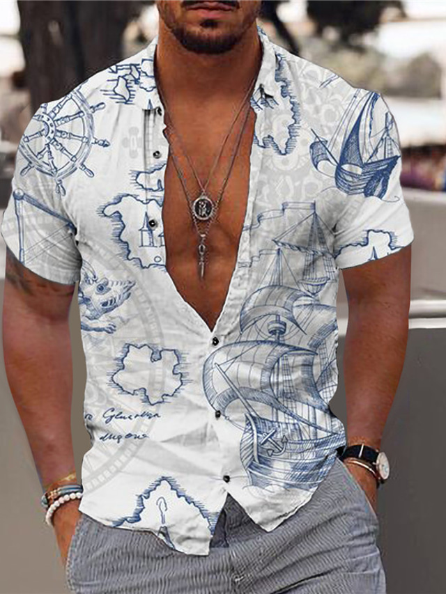  Bărbați Cămașă Cămașă hawaiană Cămașă de vară Grafic Hawaiian Aloha Hartă Design Răsfrânt Albastru piscină Maro Trifoi Imprimeu În aer liber Stradă Manșon scurt Buton în jos Imprimeu Îmbrăcăminte