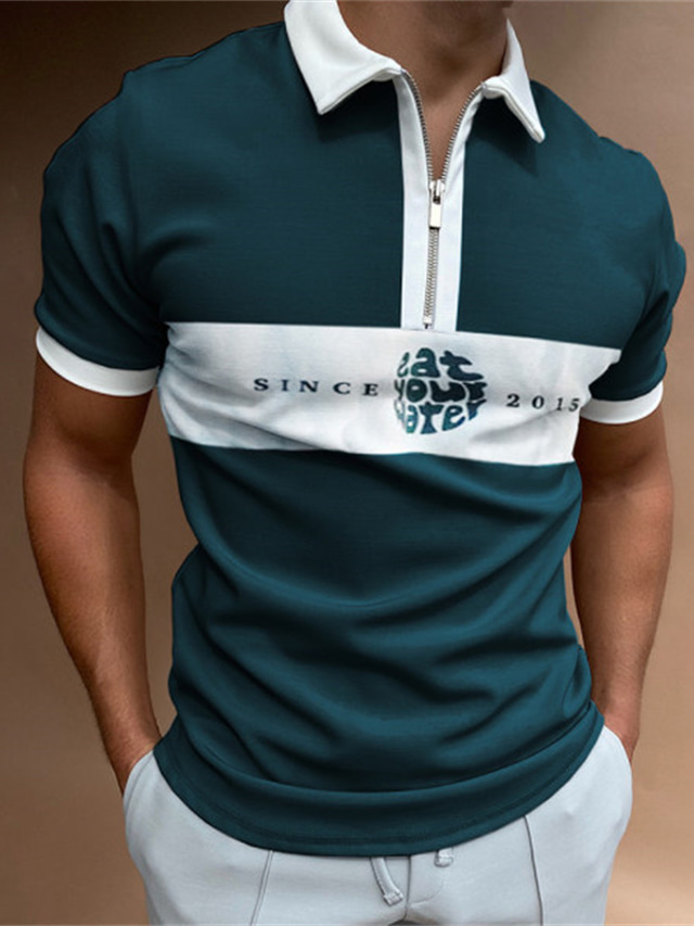  Men's Collar Polo Shirt Golf Shirt 3D Print Color Block Turndown Casual Daily Zipper Short Sleeve Tops Casual Fashion Comfortable Sports Black / White Navy Blue Blue / White