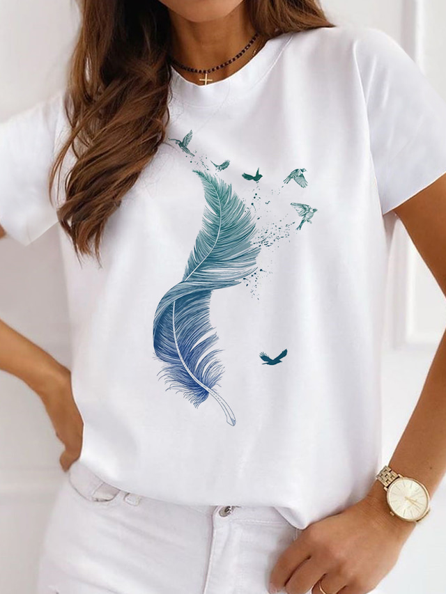  Women's T shirt Tee Designer Hot Stamping Graphic Bird Feather Design Short Sleeve Round Neck Casual Print Clothing Clothes Designer Basic White