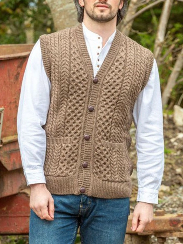 Men's Sweater Vest Knit Knitted Solid Color V Neck Stylish Vintage ...