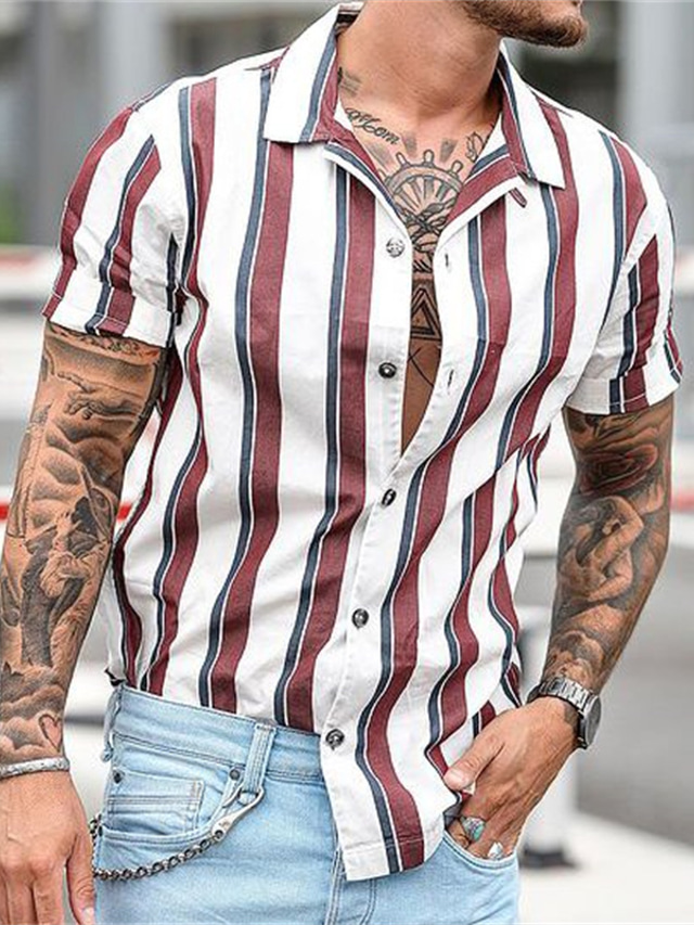  Men's Shirt Summer Shirt Striped Turndown Red / White Navy Blue Black+White Outdoor Street Short Sleeve Button-Down Clothing Apparel Fashion Casual Breathable Comfortable