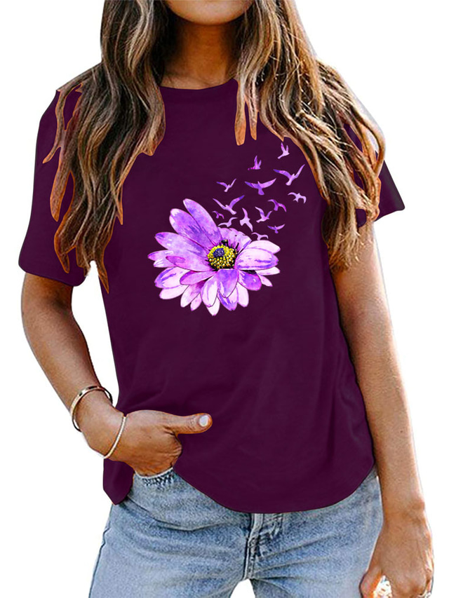  Women's T shirt Tee Basic Print Flower / Floral Basic Round Neck T-shirt Sleeve Standard Summer Army Green