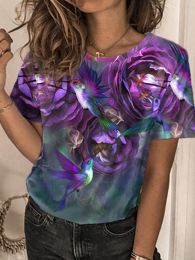  Damen T Shirt Design 3D-Druck Blumen Graphic Vogel Design Kurzarm Rundhalsausschnitt Alltag Bedruckt Kleidung Design Basic Purpur