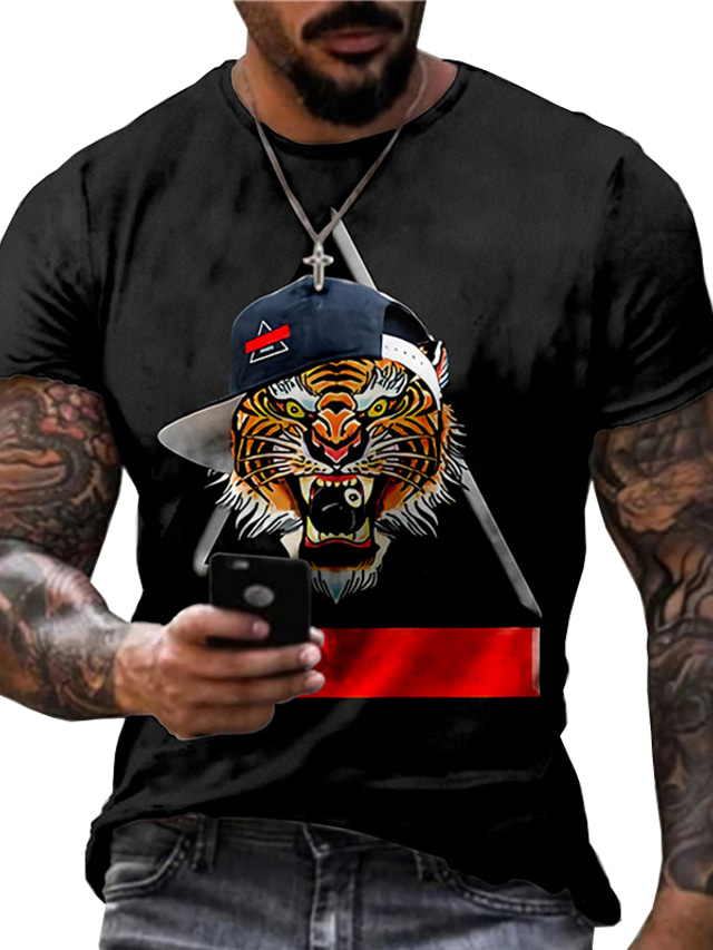  Men's T shirt Tee Designer Summer Short Sleeve Graphic Tiger Animal Print Crew Neck Street Daily Print Clothing Clothes Designer Casual Big and Tall Black
