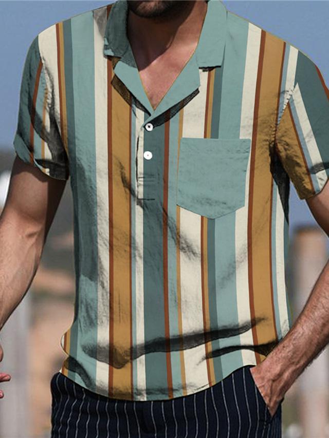  Men's Shirt Summer Shirt Striped Turndown Blue Print Outdoor Street Short Sleeve Button-Down Print Clothing Apparel Fashion Designer Casual Breathable