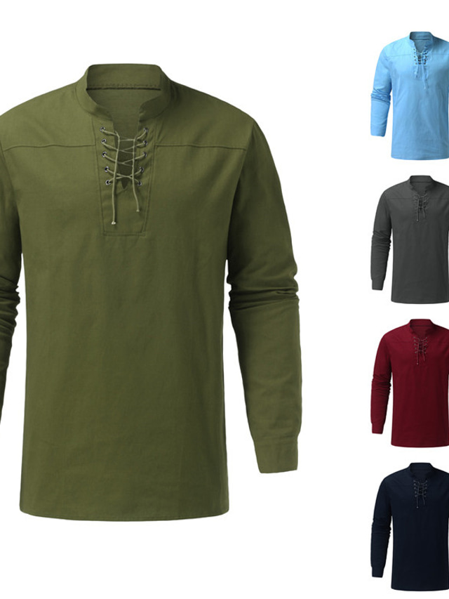  Men's Shirt Plain Solid Color Stand Collar Street Casual Lace up Long Sleeve Tops Denim Casual Vintage Punk & Gothic Cool Wine Green Black / Spring / Summer