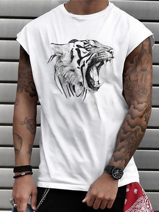  Men's Tank Top Vest Hot Stamping Graphic Prints Tiger Animal Plus Size Crew Neck Daily Sports Print Sleeveless Tops Fashion Classic Designer Big and