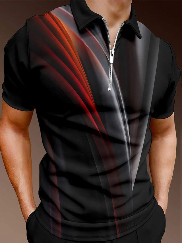  Men's Collar Shirt Polo Golf Shirt T shirt Tee 3D Print Streamer Turndown Casual Daily Zipper Short Sleeve Tops Casual Fashion Comfortable Sports Black