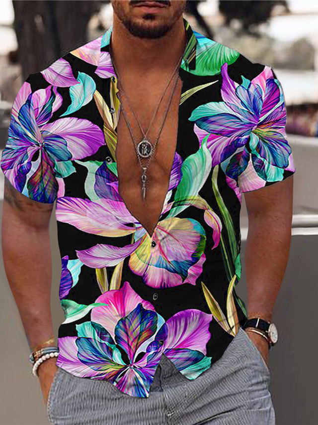  Men's Shirt Summer Hawaiian Shirt Graphic Floral Hawaiian Aloha Design Turndown Black White Yellow Print Outdoor Street Short Sleeve Button-Down Print Clothing Apparel Fashion Designer Casual