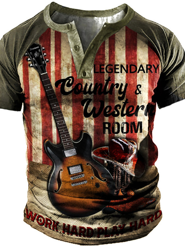 Herr T-shirt Henleytröja Grafisk Färgblock Guitarr Henley Rubinrött 3D-tryck Gata Ledigt Kortärmad Button-Down Mönster Kläder Grundläggande Mode Klassisk Bekväm / Sommar / Sommar / Sport
