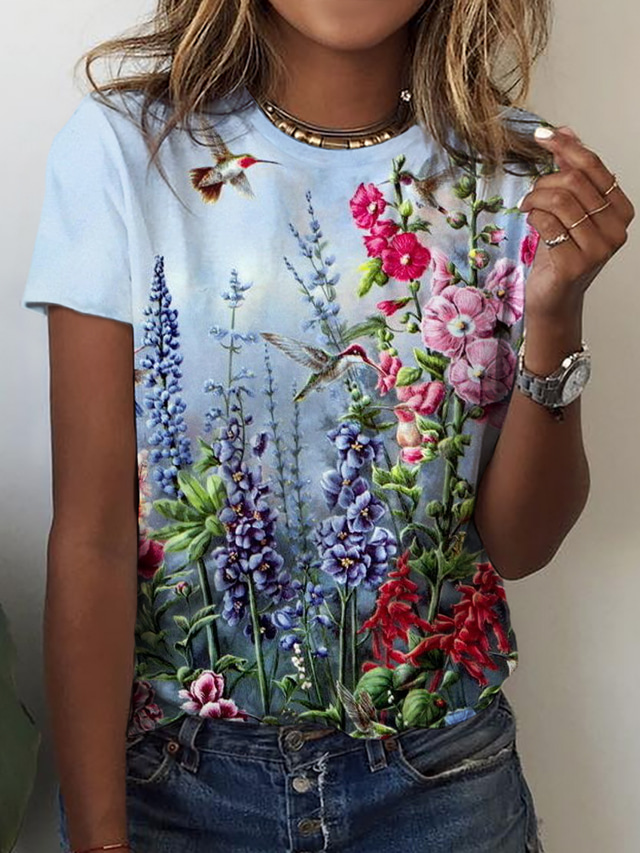  Mujer Camiseta Design Impresión 3D Floral Graphic Diseño Manga Corta Escote Redondo Casual Festivos Estampado ropa Design Básico Azul Piscina