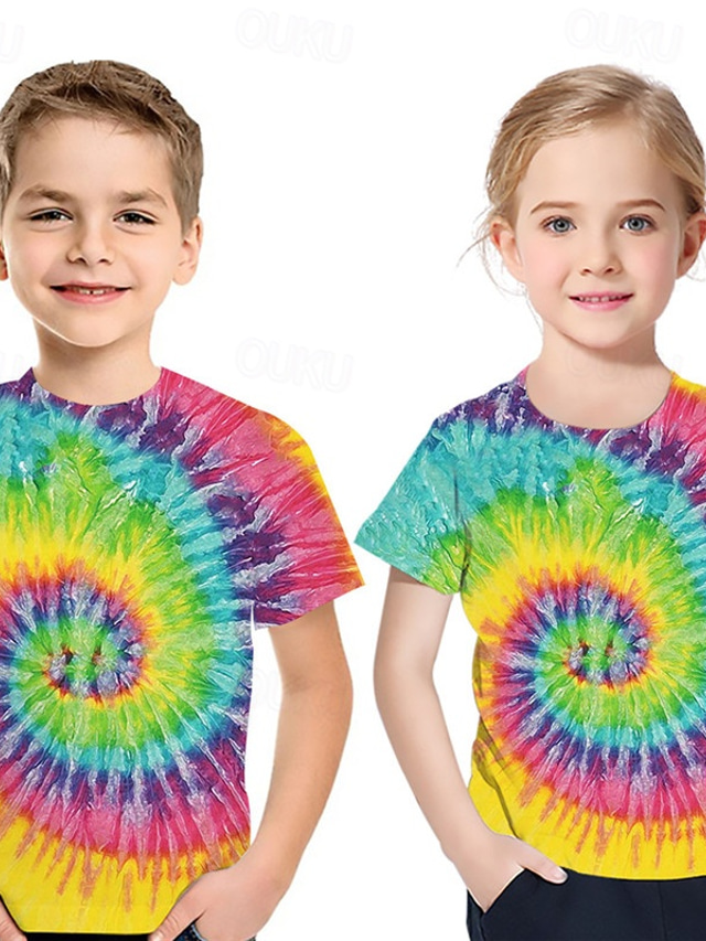  Infantil Para Meninos Para Meninas Camisa Manga Curta Impressão 3D Tintura Tie Dye Preto Azul Rosa Crianças Blusas Primavera Verão Básico Estilo bonito Diário Ao ar livre Normal 3-12 anos