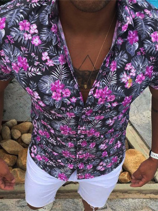  Men's Summer Hawaiian Shirt Shirt Floral Aloha Turndown Casual Daily Button-Down Print Short Sleeve Tops Designer Casual Fashion Comfortable Black / White Purple Navy Blue