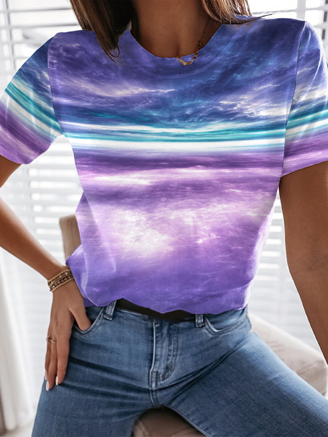  女性用 Tシャツ デザイナー 3Dプリント グラフィック デザイン 半袖 ラウンドネック カジュアル プリント 服装 デザイナー ベーシック パープル