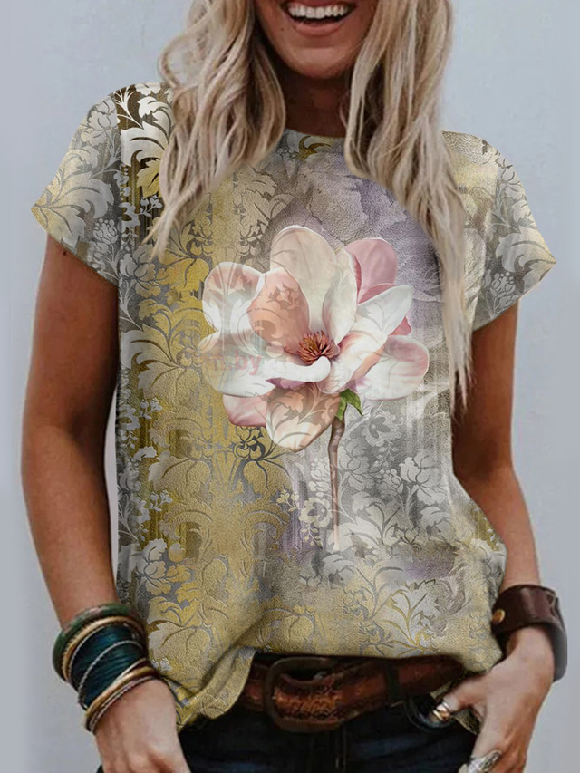  Dame T-shirt Designer 3D-udskrivning Blomstret Grafisk Design Kortærmet Rund hals Afslappet Ferie Trykt mønster Tøj Tøj Designer Basale Gul