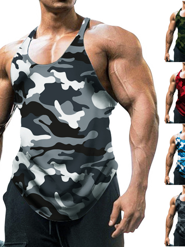  Men's Tank Top Gym Shirt Sports Fashion Lightweight Summer Sleeveless Army Green Red Blue Light Grey Dark Gray Graphic Camo / Camouflage Crew Neck Casual Daily Clothing Clothes Sports Fashion