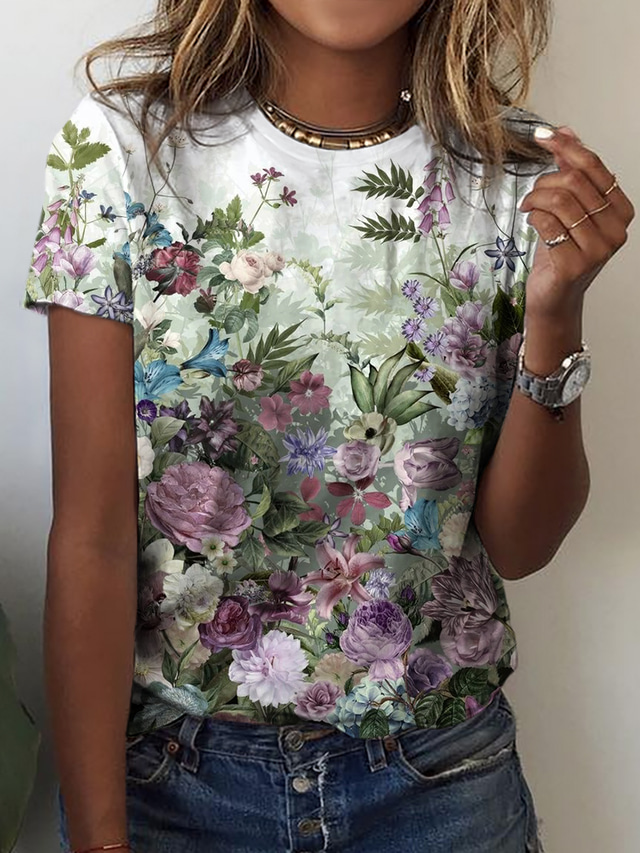  Femme T shirt Tee Design 3D effet Floral Graphic Design Manches Courtes Col Rond Décontractée Vacances Imprimer Vêtements Design basique Vert Violet Vert Claire
