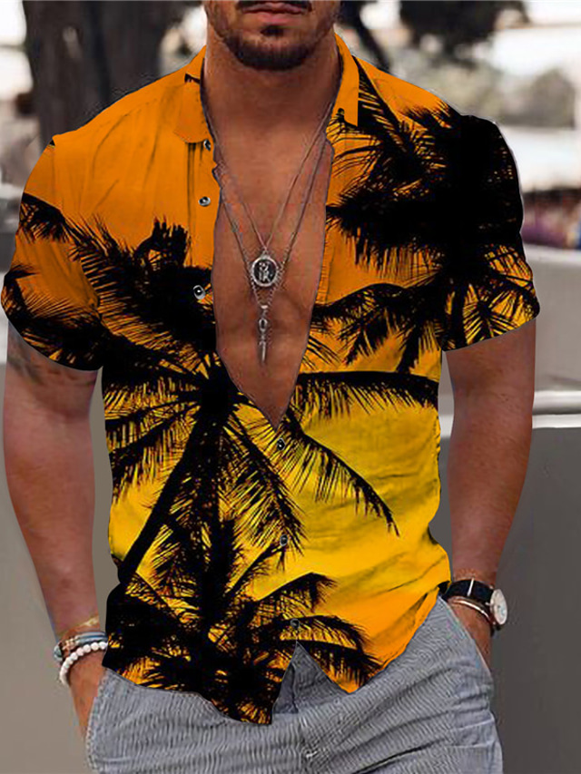  Men's Shirt Summer Shirt Summer Hawaiian Shirt Graphic Coconut Tree Hawaiian Aloha Design Turndown Light Yellow Black-White Yellow Pink Blue Print Outdoor Street Short Sleeve Button-Down Print