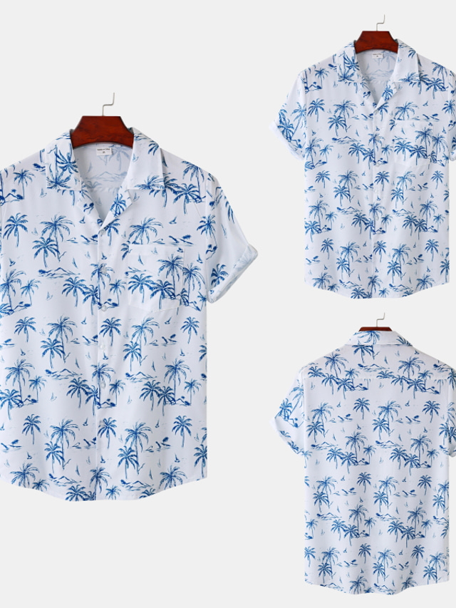  Men's Shirt Other Prints Tree Geometry Turndown Home Street Print Short Sleeve Tops Cotton 2pcs Ethnic Style Vintage Streetwear western style Blue / White / Summer / Summer / Club