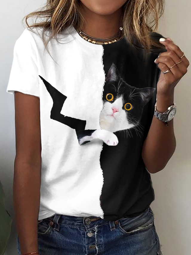  Mulheres Camiseta Designer Impressão 3D Gato Gráfico 3D Detalhes Manga Curta Decote Redondo Casual Imprimir Roupas Designer Básico Preto
