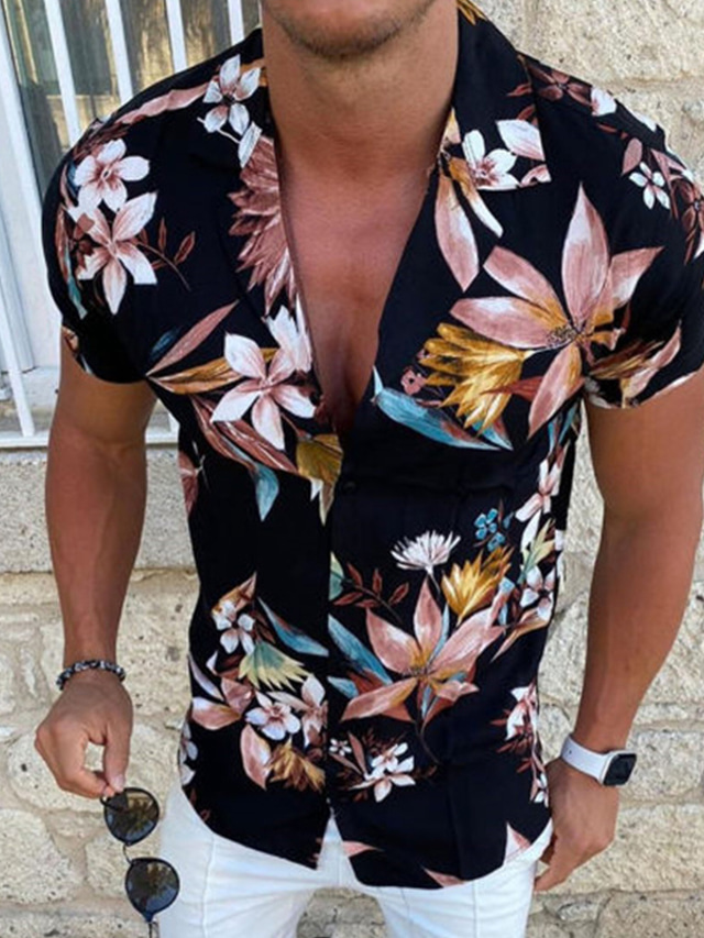  Męskie Koszula Koszula hawajska Kwiaty Graficzny Hawajskie Aloha Wzór Wieczorne Jasnożółty Jasnoróżowy Czarny Biały Jasnoniebieski Nadruk Na zewnątrz Ulica Krótki rękaw Przycisk w dół Odzież Moda
