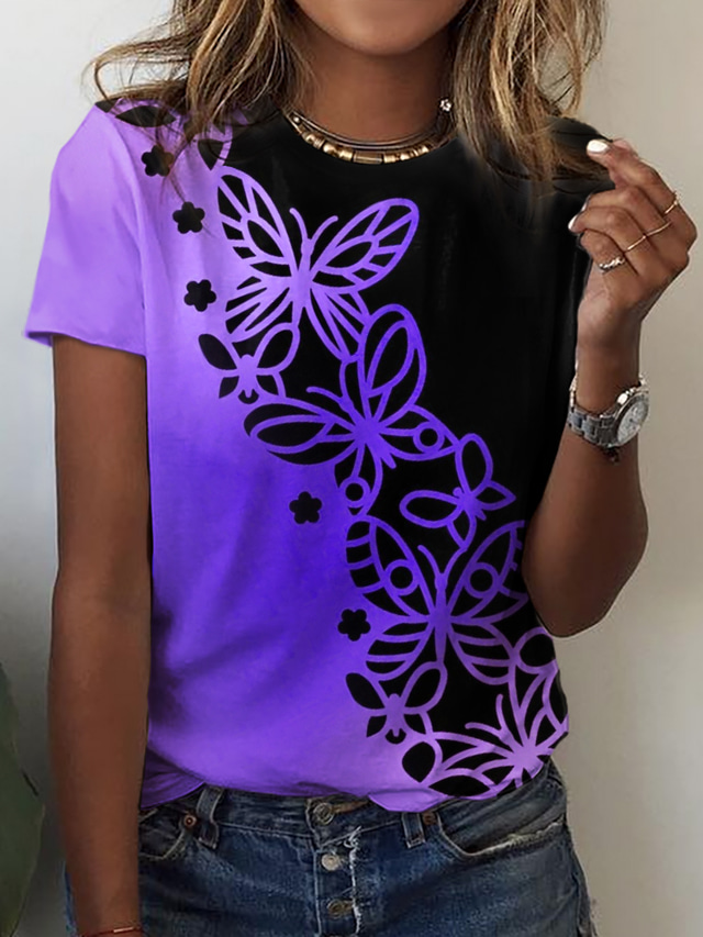  Per donna maglietta Originale Stampa 3D Pop art Farfalla Color Block Design Manica corta Rotonda Informale Stampa Abbigliamento Abbigliamento Originale Essenziale Blu Viola Rosa