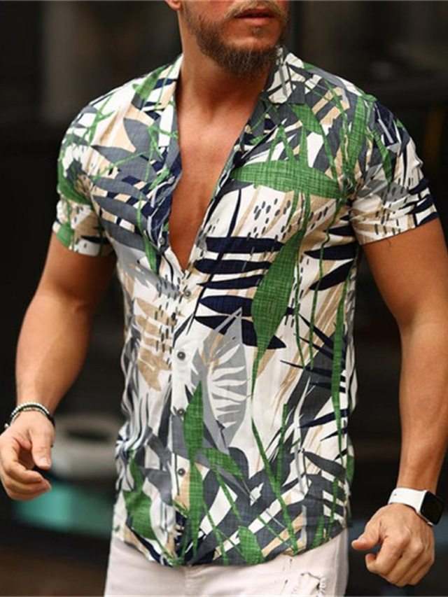  Herre Skjorte Hawaii skjorte Aloha Blade Aftæpning Lilla Grøn / Hvid Grå Trykt mønster Afslappet Daglig Kortærmet Knap ned Trykt mønster Tøj Mode Designer Afslappet