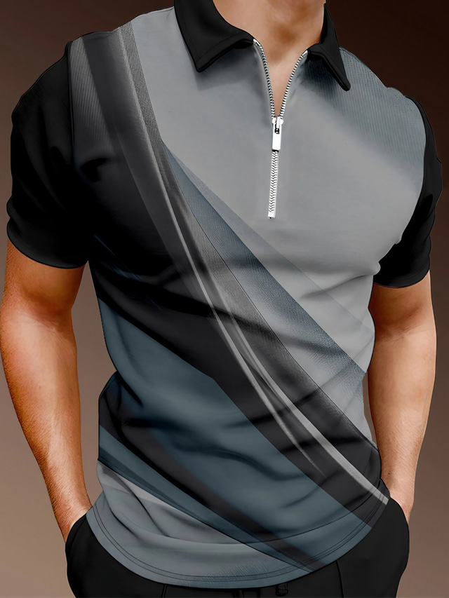  Men's Polo Shirt Golf Shirt T shirt Tee Zip Sports Fashion Casual Short Sleeve Black / Gray Navy Blue Black+White Streamer 3D Print Turndown Zip Casual Daily Zipper Clothing Clothes Sports Fashion