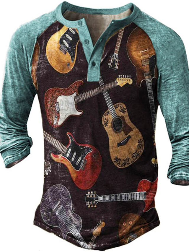  Herre Henly-skjorte T skjorte 3D-utskrift Grafisk Fargeblokk Gitar Henley Gate Avslappet Knapp ned Trykt mønster Langermet Topper Grunnleggende Mote Klassisk Bekvem Blå / Sport