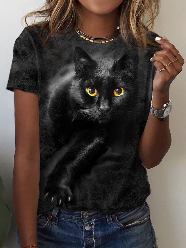  Dame T-shirt Designer 3D-udskrivning Kat Grafisk 3D Design Kortærmet Rund hals Afslappet Trykt mønster Tøj Tøj Designer Basale Sort