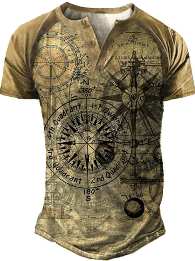  Herren Henley Shirt T Shirt Raglan-T-Shirt Graphic Kompass Henley Grün Khaki Grau 3D-Druck Strasse Casual Kurzarm Button-Down Bedruckt Bekleidung Basic Modisch Klassisch Komfortabel