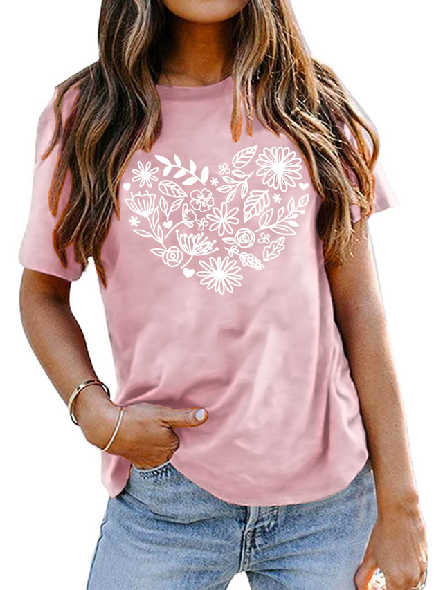  koszulka damska basic print kwiatowy/kwiatowy basic koszulka z okrągłym dekoltem rękaw stard letni groszek zielony niebieski biały czarny ciemnoczerwony