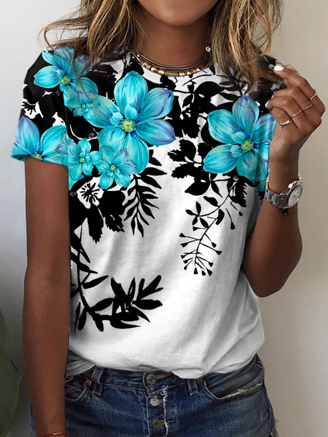  Γυναικεία Μπλουζάκι Υψηλής Ποιότητας 3D εκτύπωση Φλοράλ Γραφική Σχέδιο Κοντομάνικο Στρογγυλή Λαιμόκοψη Causal Αργίες Στάμπα Ρούχα Ρούχα Υψηλής Ποιότητας Βασικό Θαλασσί Βυσσινί Ανθισμένο Ροζ