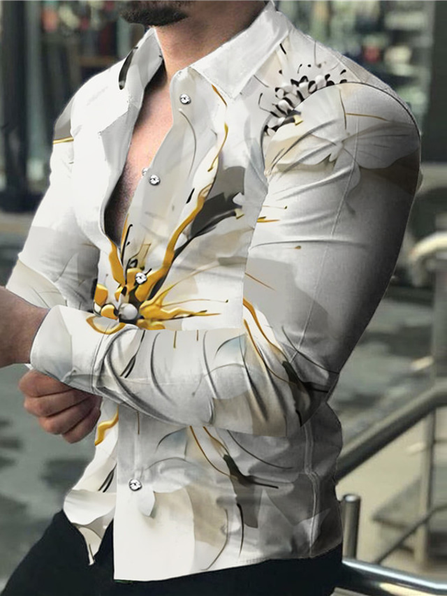  Men's Shirt Print Floral Graphic Turndown Street Casual Button-Down Print Long Sleeve Tops Designer Casual Fashion Breathable White / Summer